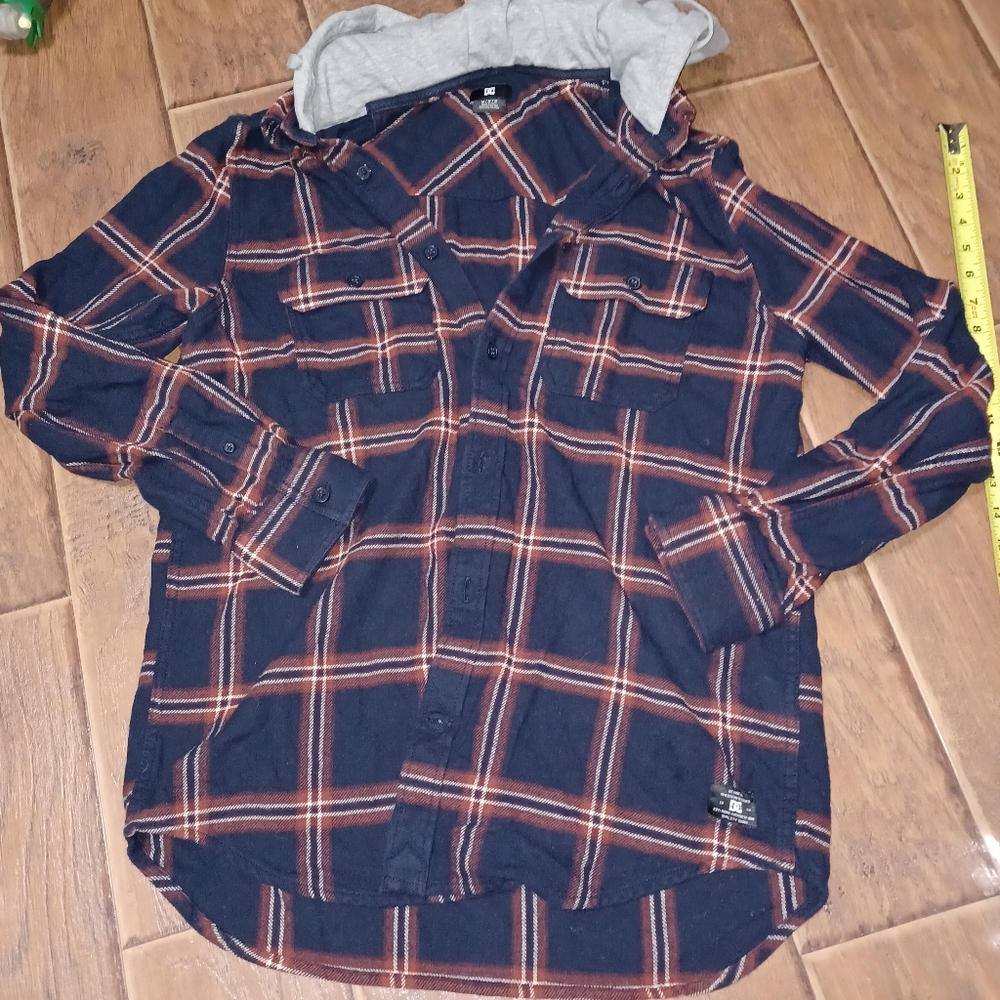DC Navy and Red Plaid Shirt with Gray Hood
